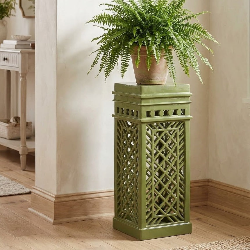Lattice Pedestal styled with a Boston fern in a bright entryway