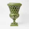 Lattice Garden Urn – Olive Green, front view on white