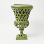 Lattice Garden Urn – Olive Green, front view on white