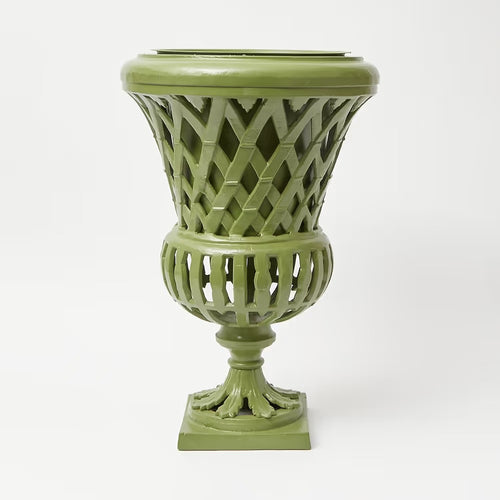 Lattice Garden Urn – Olive Green, front view on white