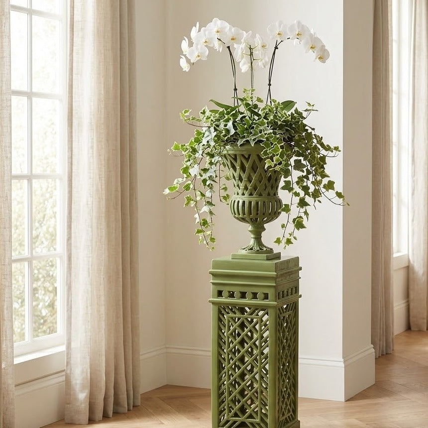 Lattice Pedestal with matching urn in a bright living room