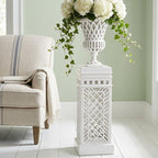 White Lattice Garden Urn on pedestal in a sunroom